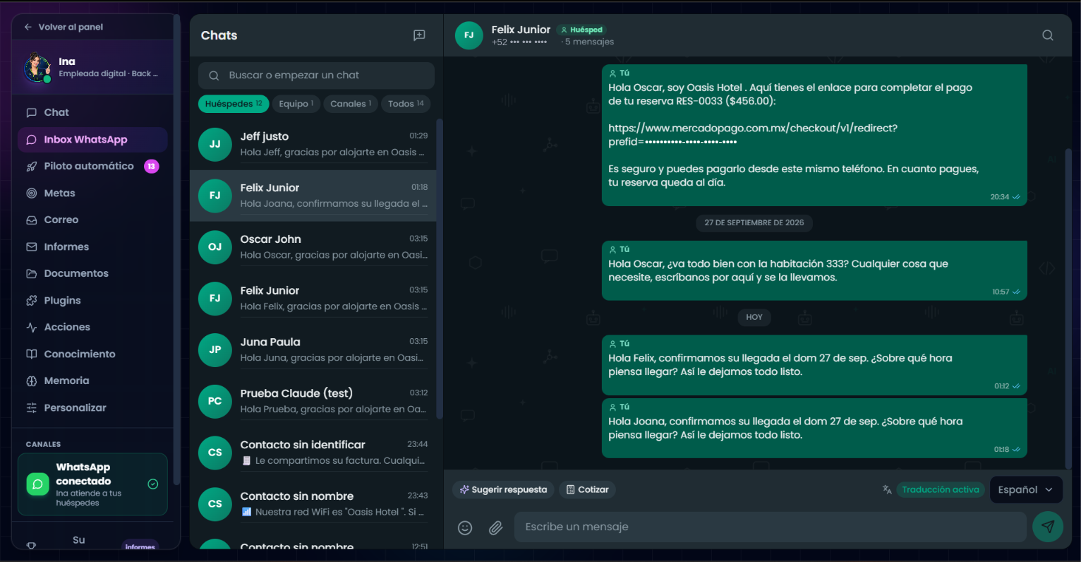 Inbox de WhatsApp de Ina en HotelBlinx