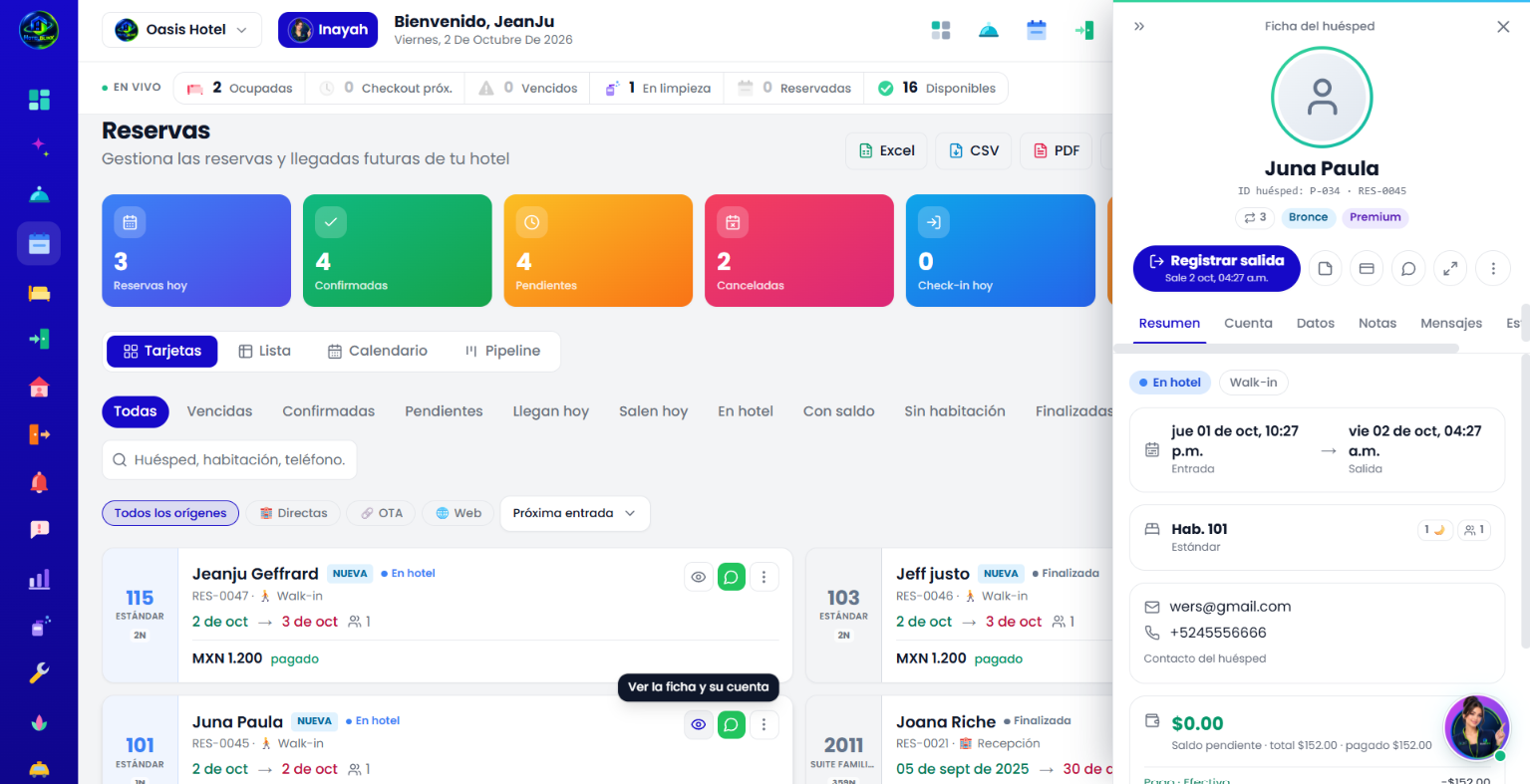 Reservas de HotelBlinx con la ficha del huésped abierta